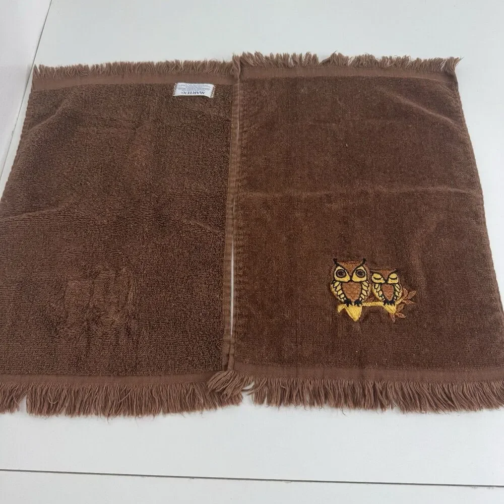 Vtg Owl Hand Towels 60s 70s Country Granny Bathroom Cabin Vanity Gift Prop